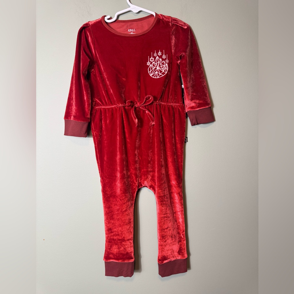 Rags Girls Velour Cranberry Red Geo Snowflake Christmas Romper 2t Nwt
